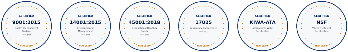 ISO 9001, ISO 14001, ISO 45001, ISO 17025, KIWA-ATA and NSF certification seals
